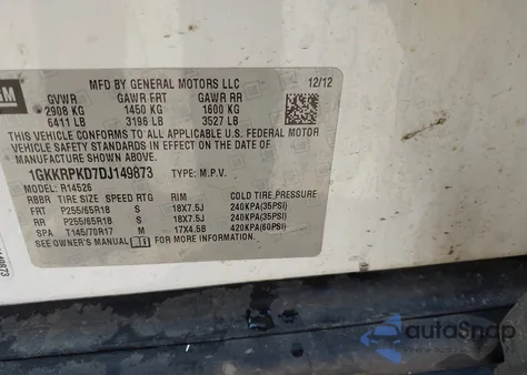 2013 GMC Acadia Sle-2 from USA, damaged, VIN 1GKKRPKD7DJ149873